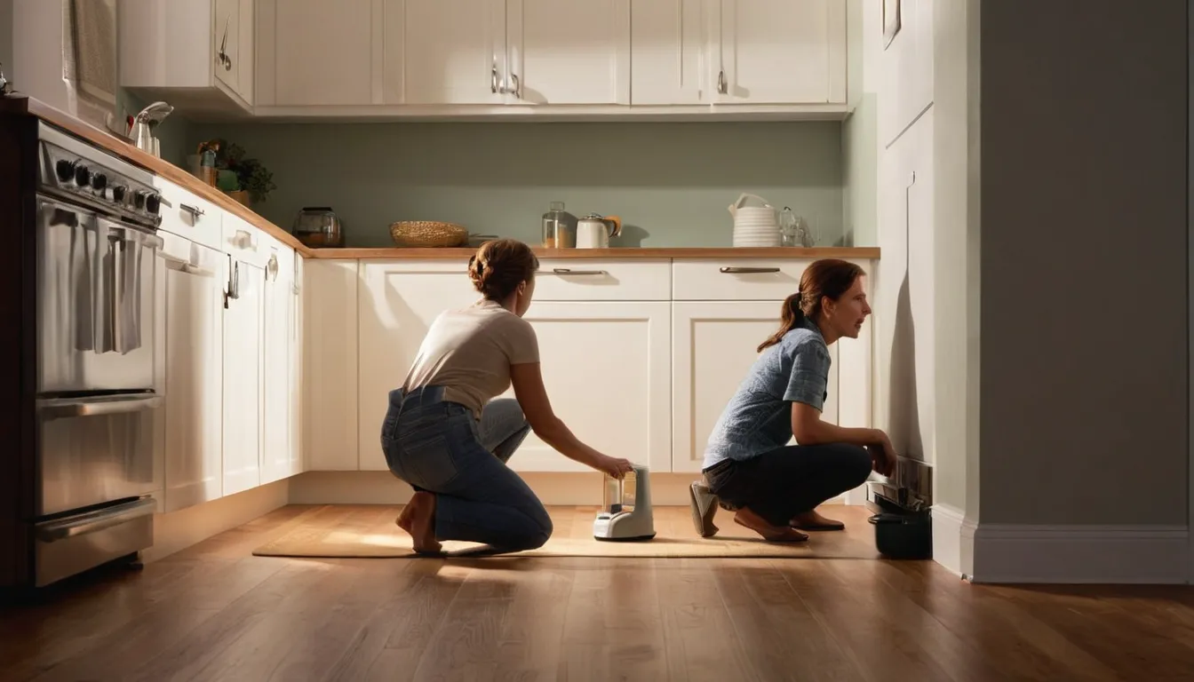 Provider inspecting a kitchen baseboard for ants in a the Duncan area home