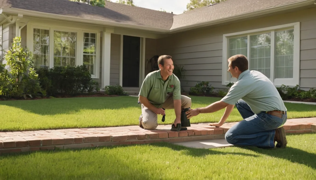 A friendly pest control provider talking with a homeowner at the front door of a brick house in Duncan
